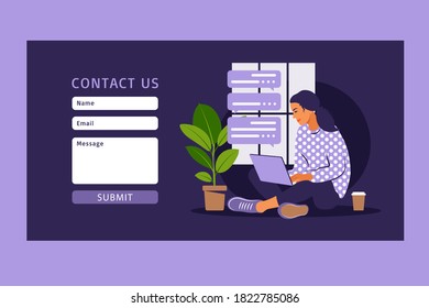 Contact us form template for web and Landing page. Female customer talking with client. Online customer support, help desk concept and call center. Vector illustration in flat.