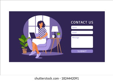 Contáctenos con la plantilla de formulario para la página web y de aterrizaje. Cliente femenino hablando con cliente. Asistencia al cliente en línea, concepto de servicio de asistencia y centro de llamadas. Ilustración vectorial en plano.
