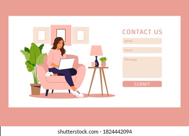 Contact us form template for web and Landing page. Freelancer girl working at home on laptop. Online customer support, help desk concept and call center. Vector illustration in flat.