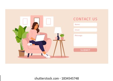 Contact us form template for web and Landing page. Freelancer girl working at home on laptop. Online customer support, help desk concept and call center. Vector illustration in flat.