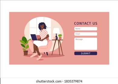 Contact us form template for web and Landing page. African female customer talking with client. Online customer support, help desk concept and call center. Vector illustration in flat.