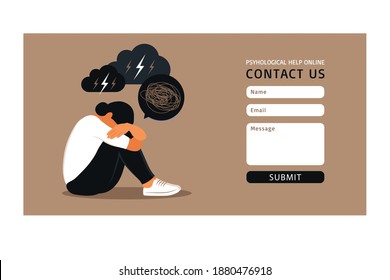 Contact us form template for web. Depression, mental health, stress and emotion concept for website design or landing web page.