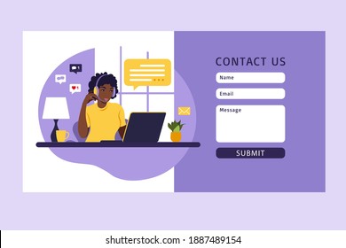 Contact us form template for web. African female customer service agent with headset talking with client. landing page. online customer support . Illustration. Vector.