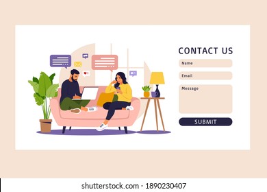 Contact us form template for web. Freelance, online education or social media concept. Vector illustration isolated on white. Flat style.