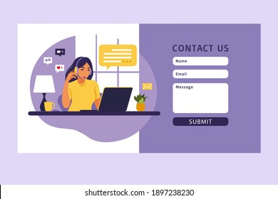 Contact us form template for web. Female customer service agent with headset talking with client. landing page. online customer support . Illustration. Vector.