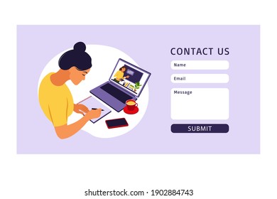 Contact us form template for web. Online learning concept. Online education. Teacher at chalkboard, video lesson. Distance study at school. Vector illustration. Flat style.