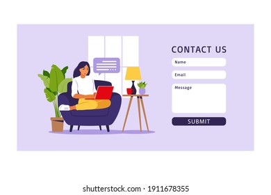 Contact us form template for web and Landing page. Freelancer girl working at home on laptop. Online customer support, help desk concept and call center. Vector illustration in flat.