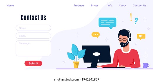 Contact Us Form Template for Web and Landing Page. Caucasian man with headphones and microphone with laptop. Concept illustration for support, assistance, call center.