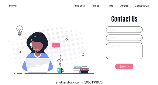 Contact Us Form Template for Web and Landing Page. Black Woman with headphones and microphone with laptop. Concept illustration for support, assistance, call center.