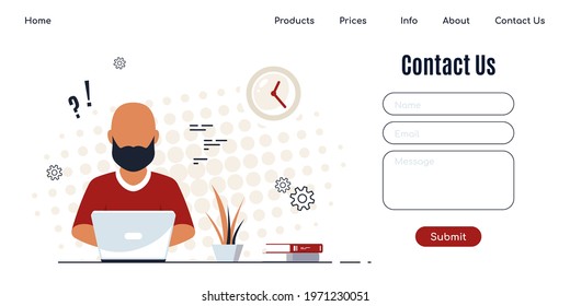 Contact Us Form Template for Web and Landing Page. Black man with headphones and microphone with laptop. Concept illustration for support, assistance, call center.