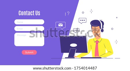 Contact Us Form Template for Web and Landing Page. Man with headphones and microphone with laptop. Concept illustration for support, assistance, call center. 