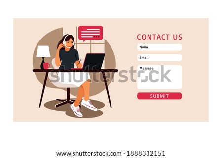 Contact us form template for web. Operator girl with computer, headphones and microphone. Outsource, consulting, job online, remove job. Call center.