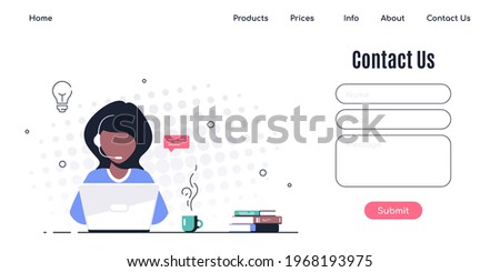 Contact Us Form Template for Web and Landing Page. Black Woman with headphones and microphone with laptop. Concept illustration for support, assistance, call center.