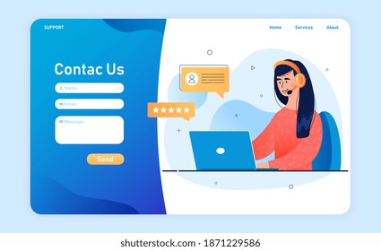 Contact us Form template for website or landing page. Female customer service representative with headset talking to client. Customer support and helpdesk concept. Flat cartoon vector Illustration.