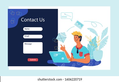 Contact us form for website and landing page template with clients service agent character. Business internet chatting and customers support application interface. Vector illustration isolated.
