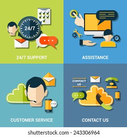 Contact us global concept flat icons of support assistance 24h customer service composition abstract isolated vector illustration