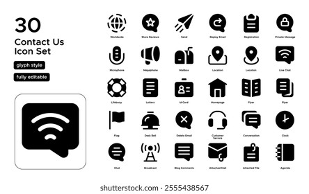 Contact Us Glyph Icon Set: Customer Support, Help Centers, and Contact Channels Icons