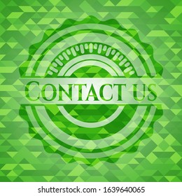 Contact us green emblem with triangle mosaic background. Vector Illustration. Detailed.