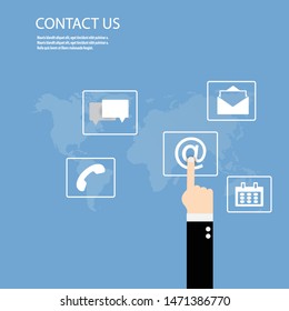 CONTACT US, Hand of a touching icon mobile phone, mail, telephone, and address. Customer service call center contact us concept with copy space.