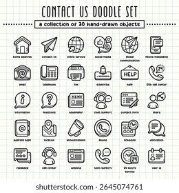 Contact us hand-drawn doodle art illustrations and elements. felt-tip pen marker style on grid paper, great for various creative design uses.