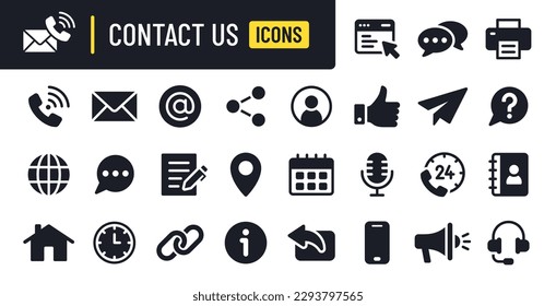 Contáctenos con la colección de iconos. Consta de teléfono, correo electrónico, dirección, sitio web, servicio de centro de llamadas, asistencia al cliente e iconos de chat. Conjunto de iconos sólidos. Ilustración vectorial.