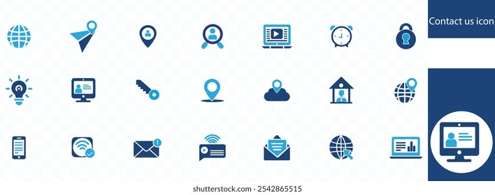 contact us icon collection. Containing phone, email, address, website, call center service, customer support and chat icons. Solid icon set. Vector illustration