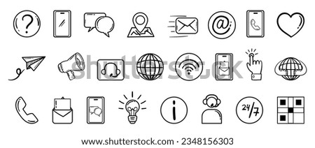 Contact us icon collection in hand drawn doodle outline style. Vector set with customer support black and white symbols - chat, email, phone and others. 