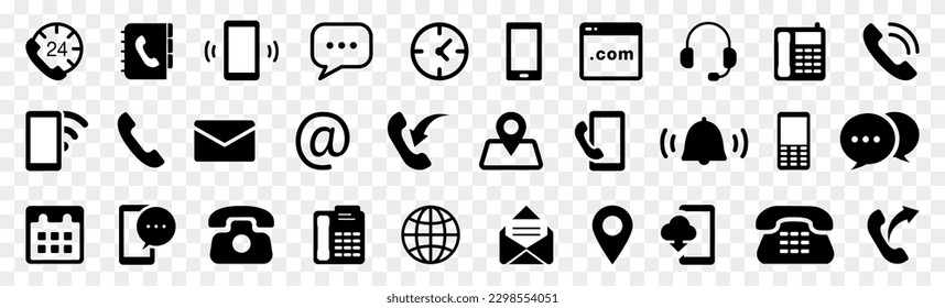 Contact us icon collection. Set of black contact us icons. Address, phone, map, bell, calendar, headphone