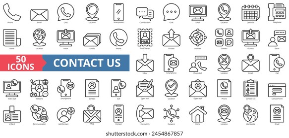 Contact us icon collection set. Containing phone, email, chat, location, smartphone, conversation, calendar icon. Simple line vector.