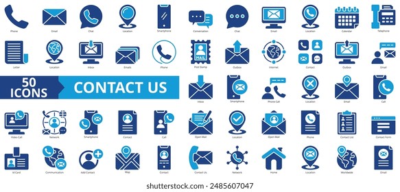 Contact us icon collection set. Containing phone, email, chat, location, smartphone, conversation, calendar icon. Simple line vector.