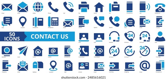 Kontaktieren Sie uns Icon Kollektion Set. Enthält E-Mail, Globus, Telefon, Anruf, Fax, Home, Smartphone-Symbol. Einfache flache Vektorgrafik.