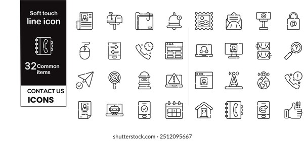 Contáctenos conjunto de colecciones de iconos. Contiene teléfono, correo electrónico, chat, ubicación, teléfono inteligente, conversación, icono de calendario. Vector de línea simple.