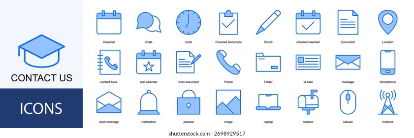 Kontaktieren Sie uns Icon Collection Set. Enthaltend Kalender, Chats, Uhr, Überprüftes Dokument, Bleistift, überprüftes Kalendersymbol