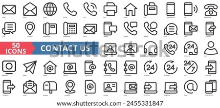 Contact us icon collection set. Containing email, globe, phone, call, fax, home, smartphone icon. Simple line vector.