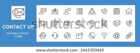 Contact us icon collection set. Containing phone, email, chat, location, smartphone, conversation, telephone, calendar and more.  Editable stroke. Vector illustration.	