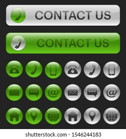 Contact Us, Contact icon set as 3D buttons in Green and Gray colour