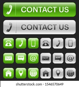 Contact Us, Contact Icon set as 3D square buttons Green and Ash Colour - vector 