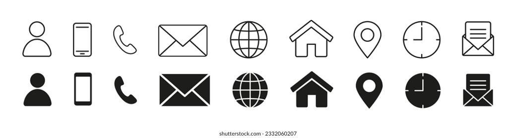 Contact us icon set. Address sign. Mobile symbol. Website button isolated on white background. Telephone icon. 