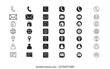 Contact us icon set. Business card, Containing user, Phone, Website, Location, Address, telephone, mail, fax, symbol sign for apps and website