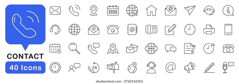 Contact Us icon set. Business contact us icons in line style. Editable web icons for communication, phone, email, contact, website and address. Vector illustration.