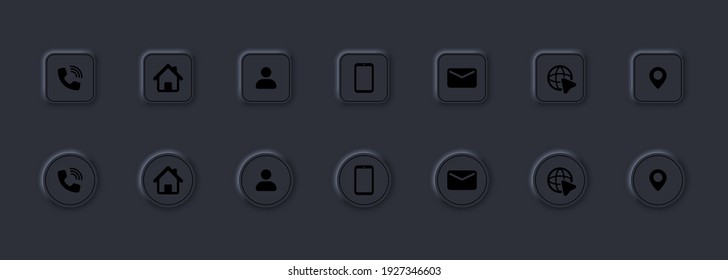 Contact us icon set. Communication symbol for your web site design, logo, app, UI. Contact button. Mail, phone, globe, address, com, email. Neumorphism style. Vector EPS10. Isolated on background