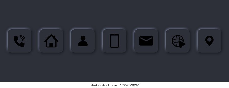 Contact us icon set. Communication symbol for your web site design, logo, app, UI. Contact button. Mail, phone, globe, address, com, email. Neumorphism style. Vector EPS10. Isolated on background