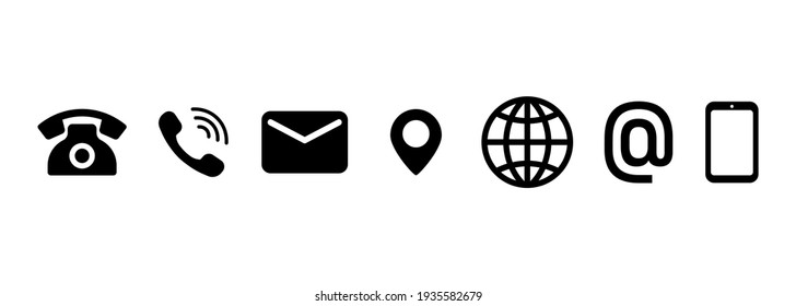 Contact us icon set. Communication symbol for your web site design, logo, app, UI. Contact button. Mail, phone, globe, address, com, email. Vector EPS10. Isolated on background