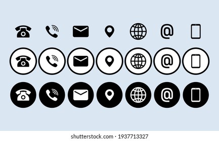 Contact Us Icon Set. Communication Symbol For Your Web Site Design, Logo, App, UI. Contact Us Button. Mail, Phone, Globe, Address, Com, Email. Vector EPS10. Isolated On Background