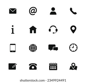 Contact Us icon set. Communication icons. Contact, call, email, сhat, support etc. Vector glyph icon.