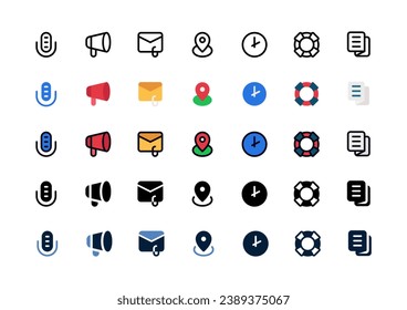 Contact Us icon set. Set of communication, microphone, megaphone, attached mail, email, location, time, clock, lifebuoy, flyer, icons