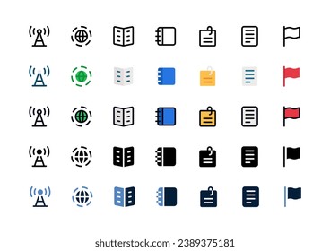 Contact Us icon set. Set of communication, broadcast, worldwide, flyer, agenda, attached file, letters, flag, icons