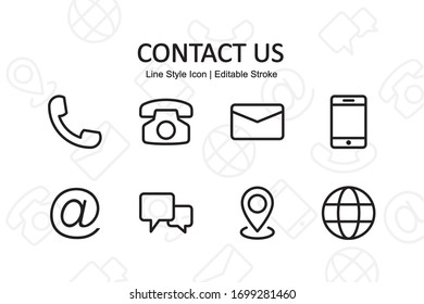 Contact us icon set. Contains such Icons as phone, mail, message, communication. Line style design. Vector graphic illustration. Suitable for website design, logo, app, template, ui. Editable stroke.