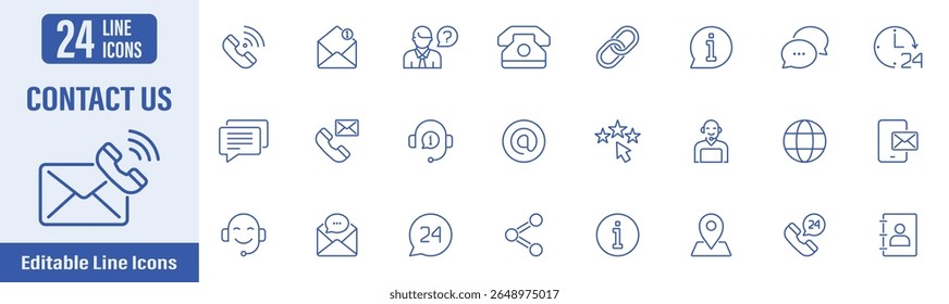 Contáctenos conjunto de iconos. Contiene iconos como chat, Asistencia, llamada, información, mensaje, globo terráqueo, tarjeta de visita y más. Ilustración vectorial.
