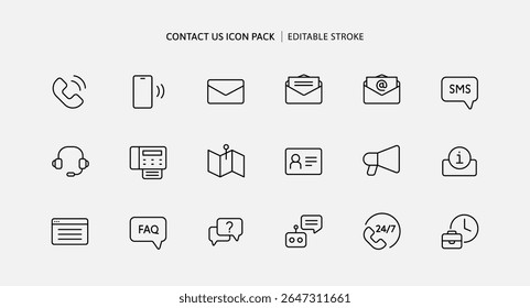 Contáctenos conjunto de iconos para Servicio al cliente y centro de llamadas. Asistencia de comunicación por correo electrónico, teléfono móvil, marketing por sms, mensaje de chat e información de preguntas frecuentes sobre el Sitio web en 24 horas.